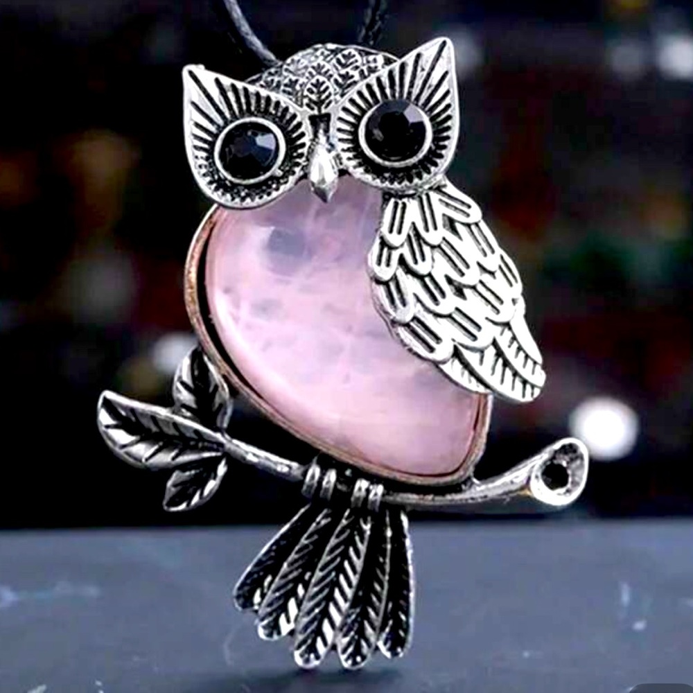 🦉 HOO HOO❗️ PINK MOONSTONE WITH BLACK RHINESTONE EYES SILVER OWL NECKLACE❗️🦉